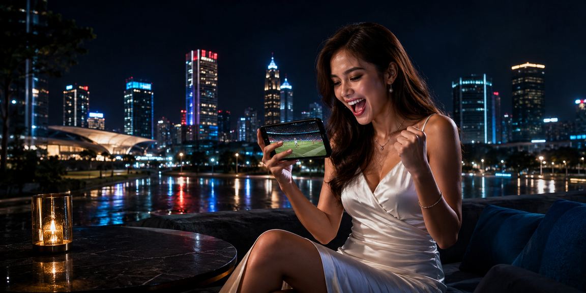 Model perempuan berpose di depan layar hiburan casino bernuansa neon modern