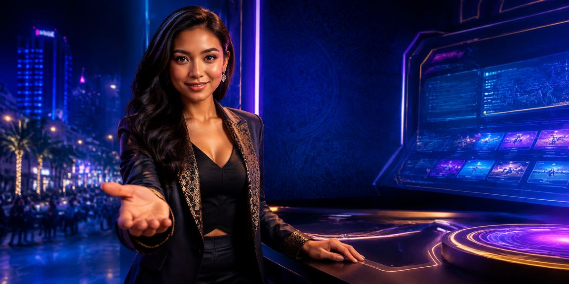 Suasana neon berwarna warni di arena esports betting malam hari