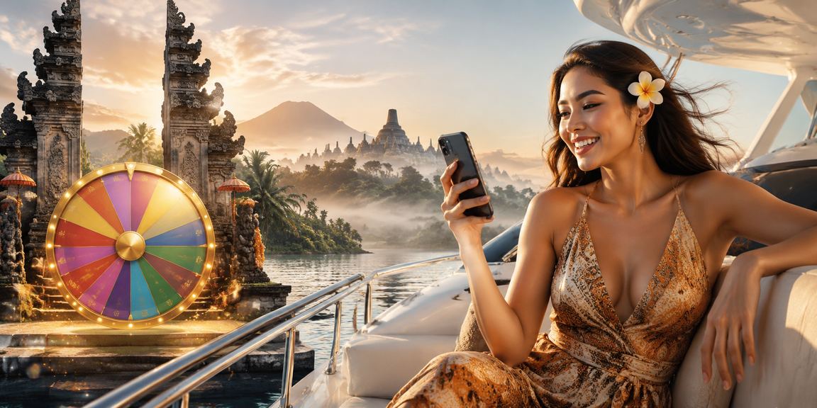 Model Vietnam berpose di depan layar lucky draw dengan ekspresi semangat dan percaya diri
